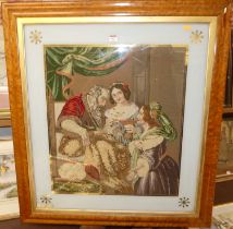 18th century style woolwork panel, 65x56cm in a Victorian birdseye maple glazed frame