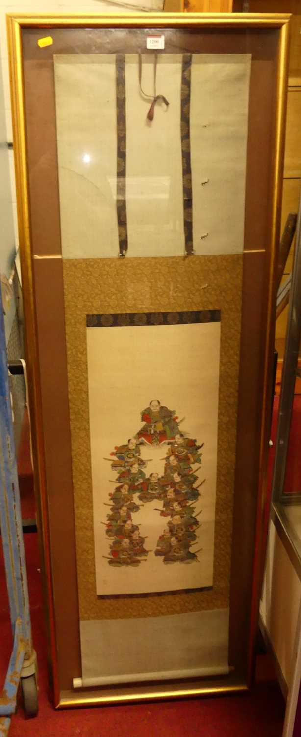 A Japanese painted scroll depicting Samurai warriors, within a glazed box frame; together with two - Image 8 of 9