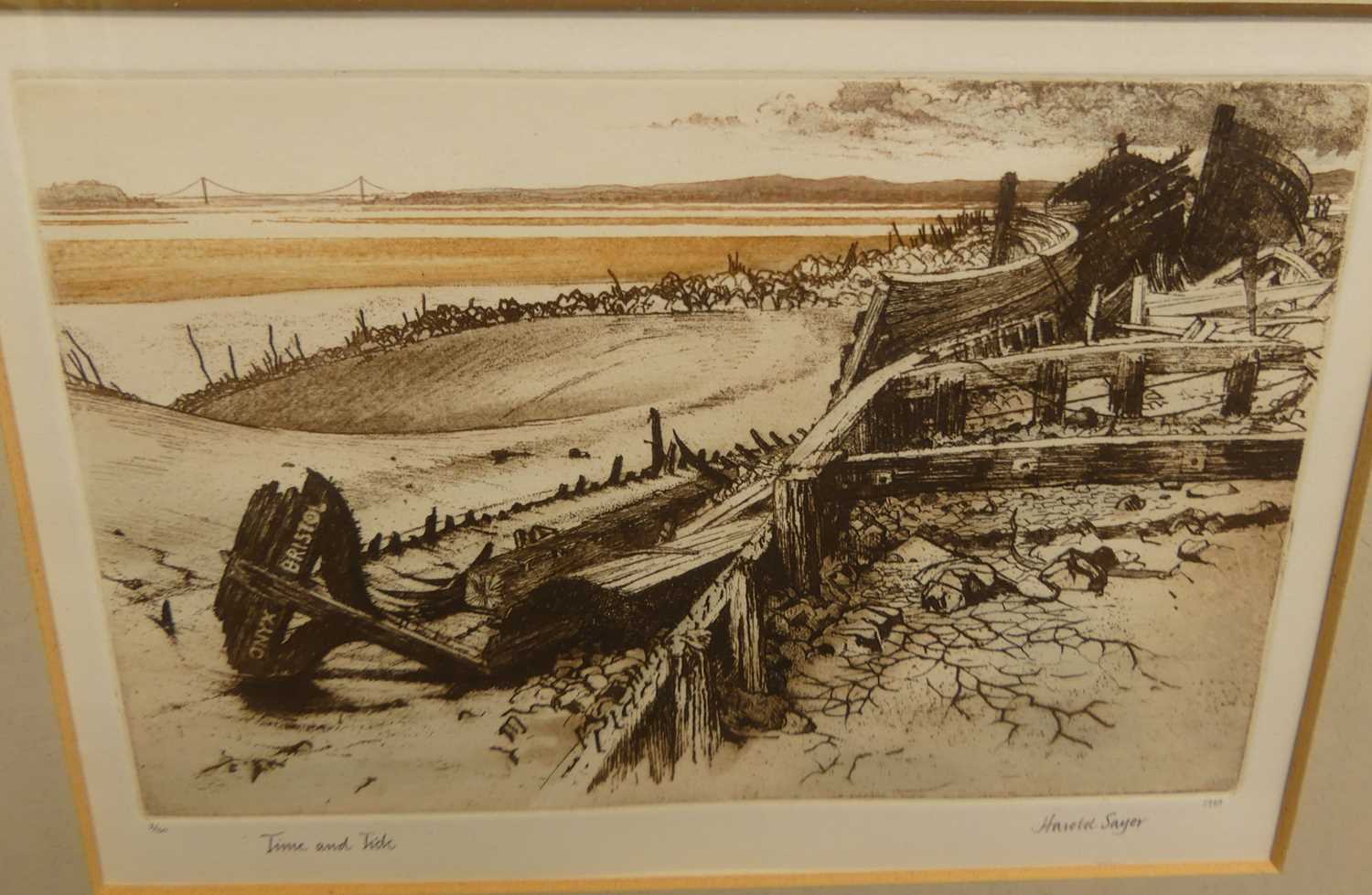 Harold Wilfred Sayer (1913-1993) - Demolition of Waterloo Bridge, etching, signed, titled and