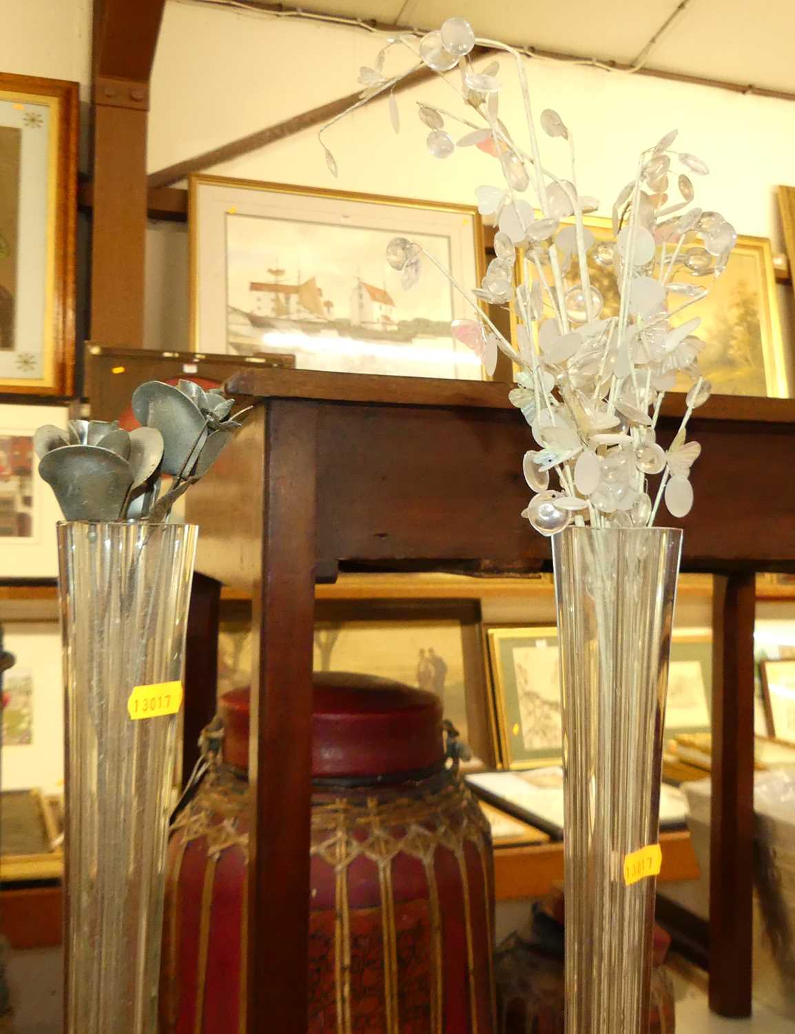 A pair of elongated glass specimen vases, each with floral inset displays No chips or damage. Some - Image 3 of 5