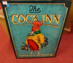 A lithograph printed tin sign 'The Cock Inn', 70 x 50cm