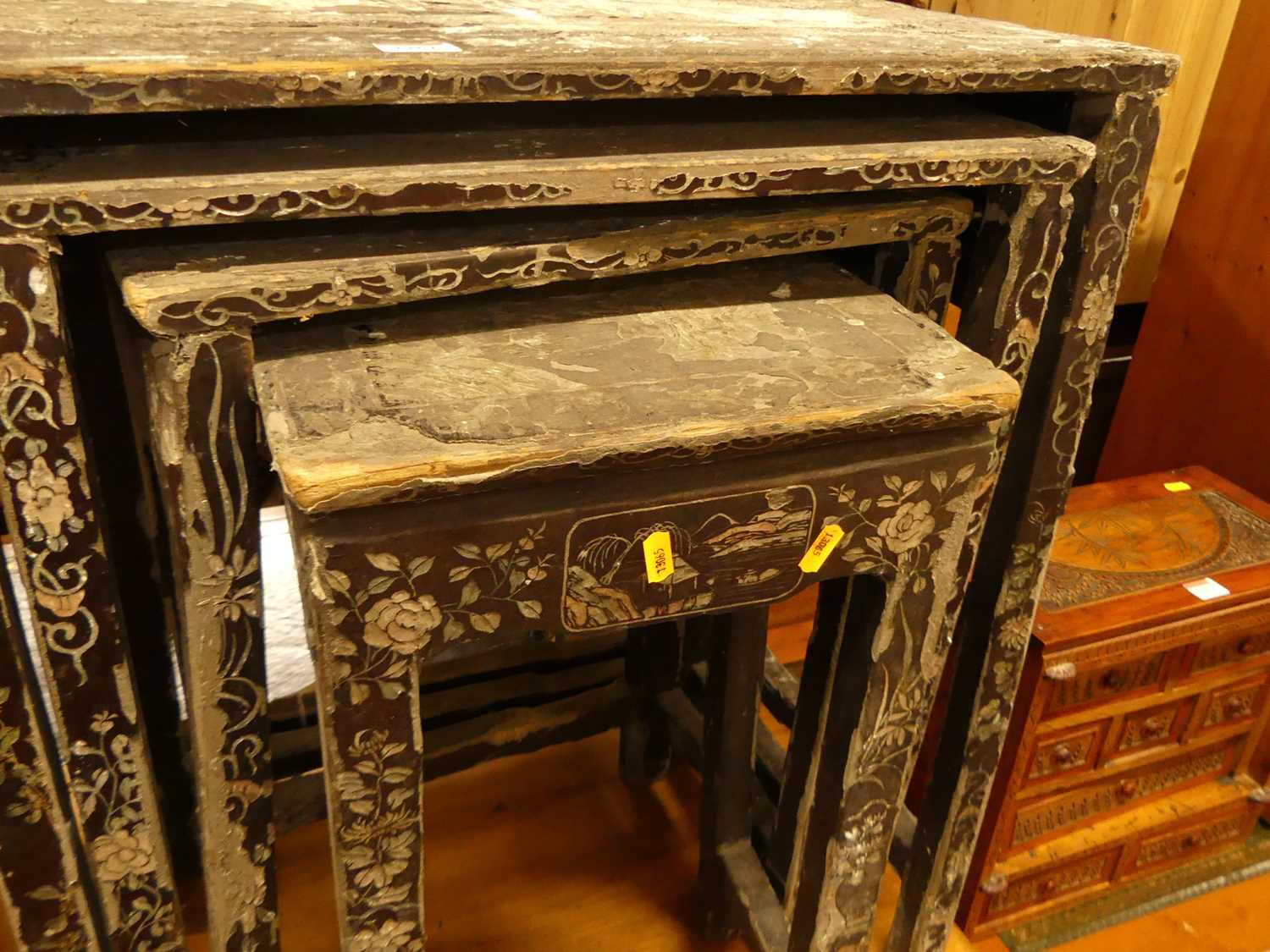 An Oriental black painted quartetto nest of tables, the largest w.62cm Heavy losses and damage to - Image 3 of 4