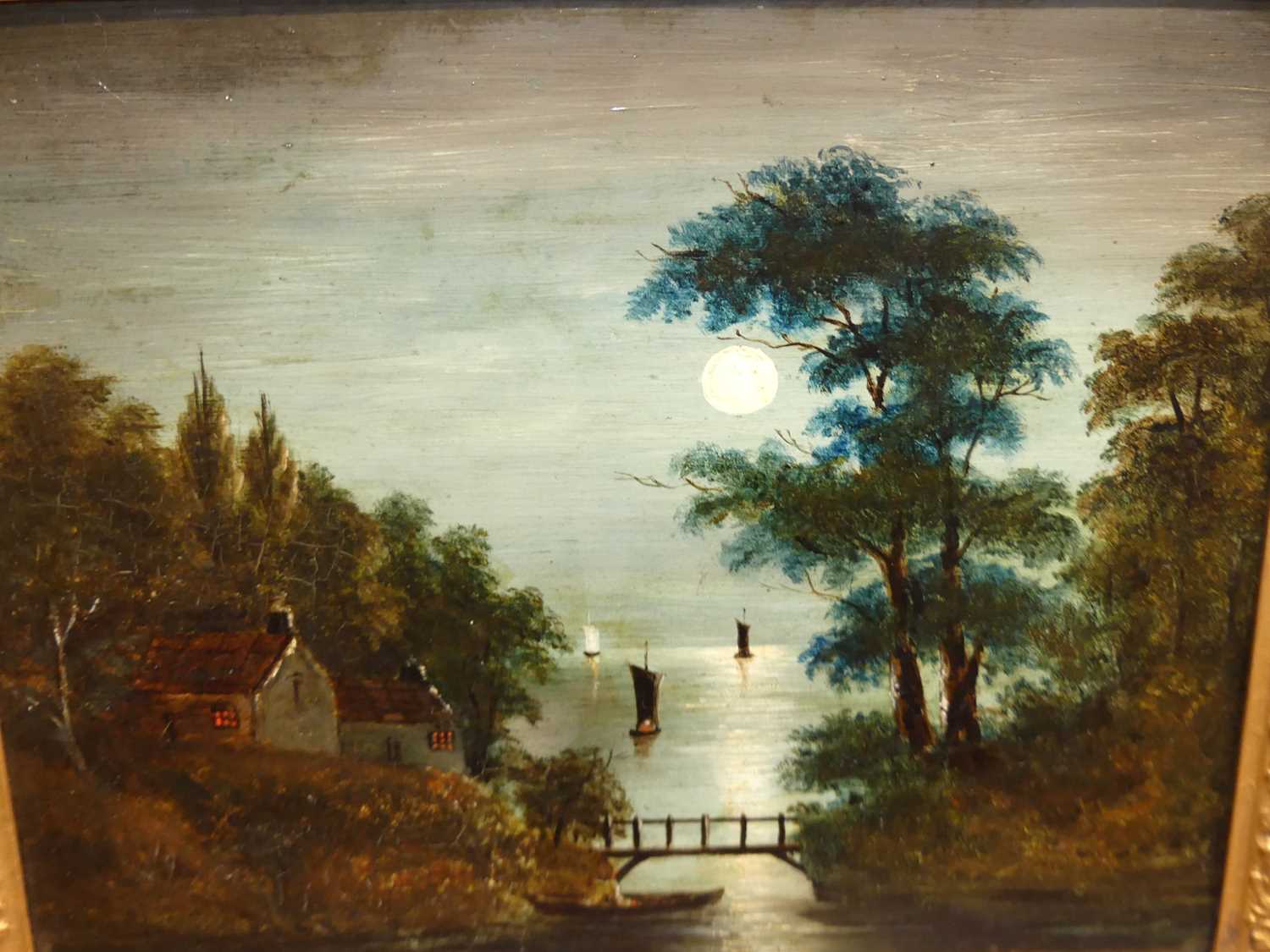 After Sebastian Pether - Moonlit river scene, oil on panel, 24 x 29cm - Image 2 of 3