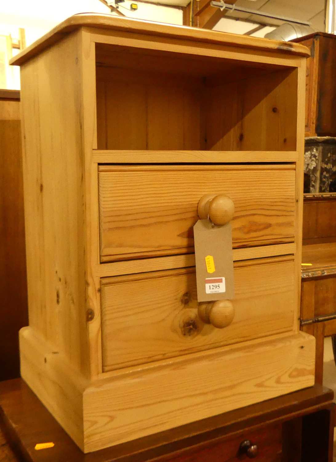 A modern pine two drawer bedside chest, with open upper compartment, w.43cm