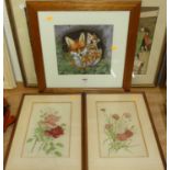 Daphne Baxter - Family of foxes, gouache; together with two botanical watercolours; K Morris -