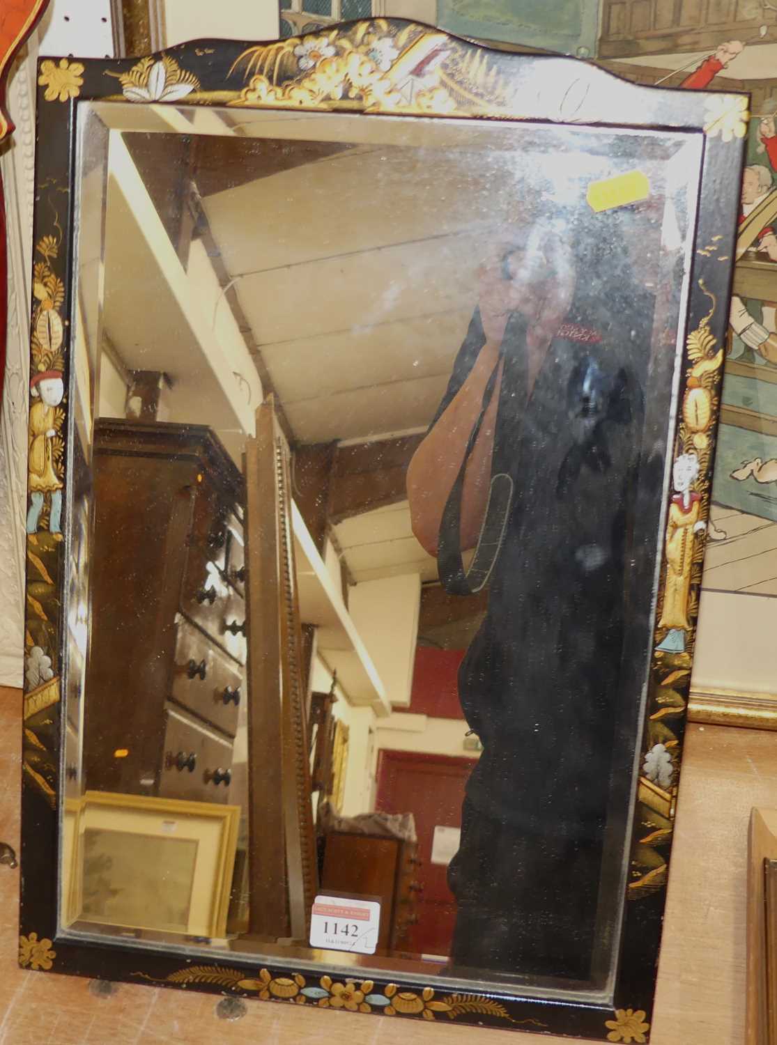 A chinoiserie black lacquered and bevelled easel mirror, 46 x 31cm; together with a Japan red - Image 2 of 3