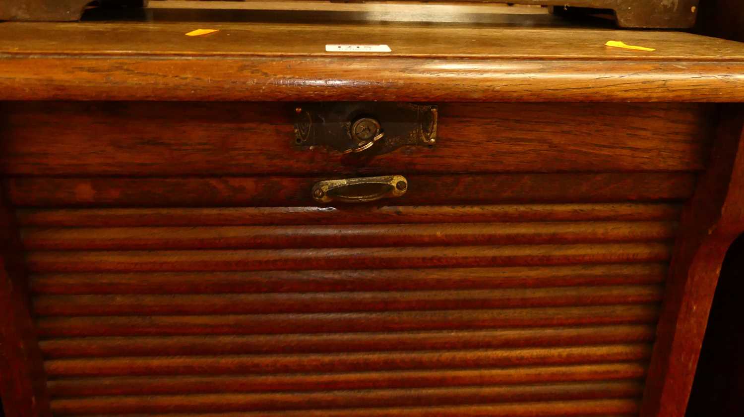 A 1920s oak tambour fronted office filing cabinet, w.48cm - Image 2 of 4