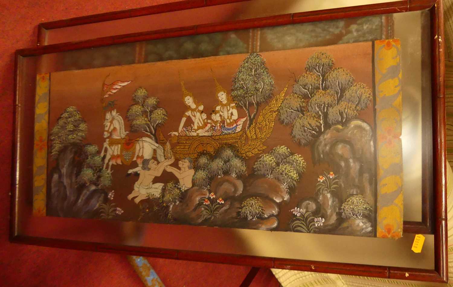 A Japanese painted scroll depicting Samurai warriors, within a glazed box frame; together with two - Image 6 of 9