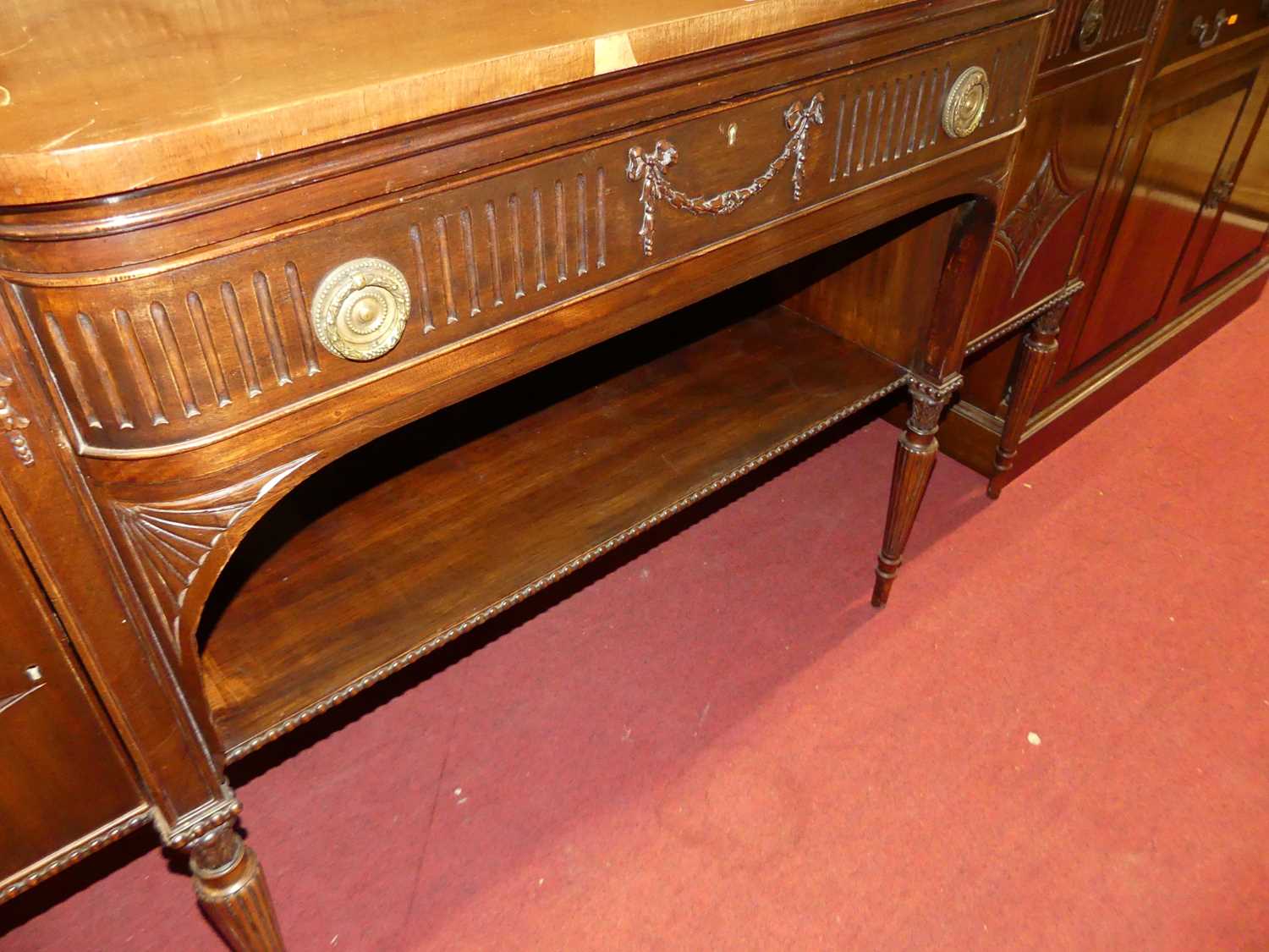An early 20th century mahogany breakfront sideboard in the Adam taste, having long central frieze - Image 4 of 6