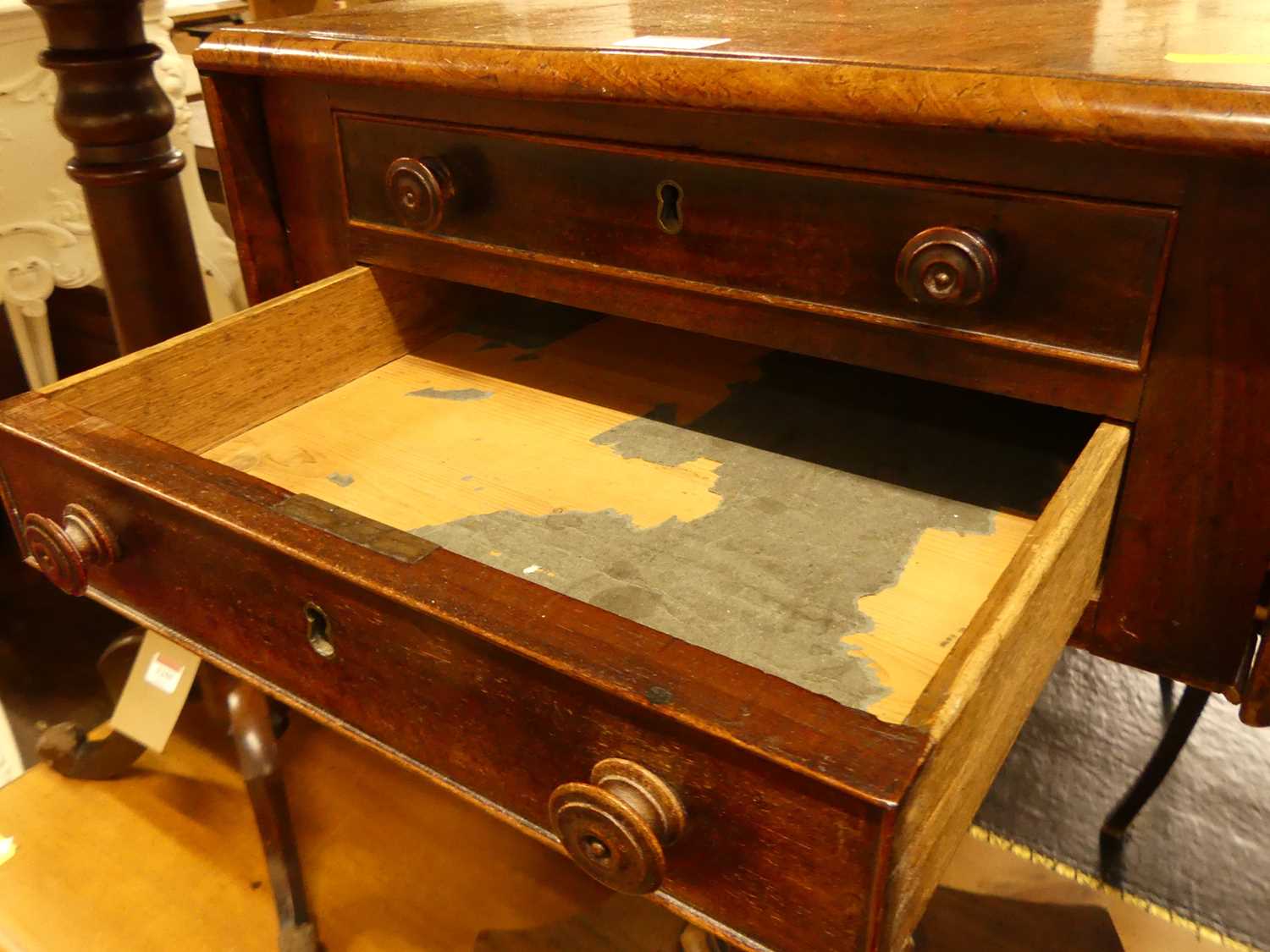 A George IV mahogany dropflap two drawer work table, raised on quatraform base, w.42cm - Image 5 of 5