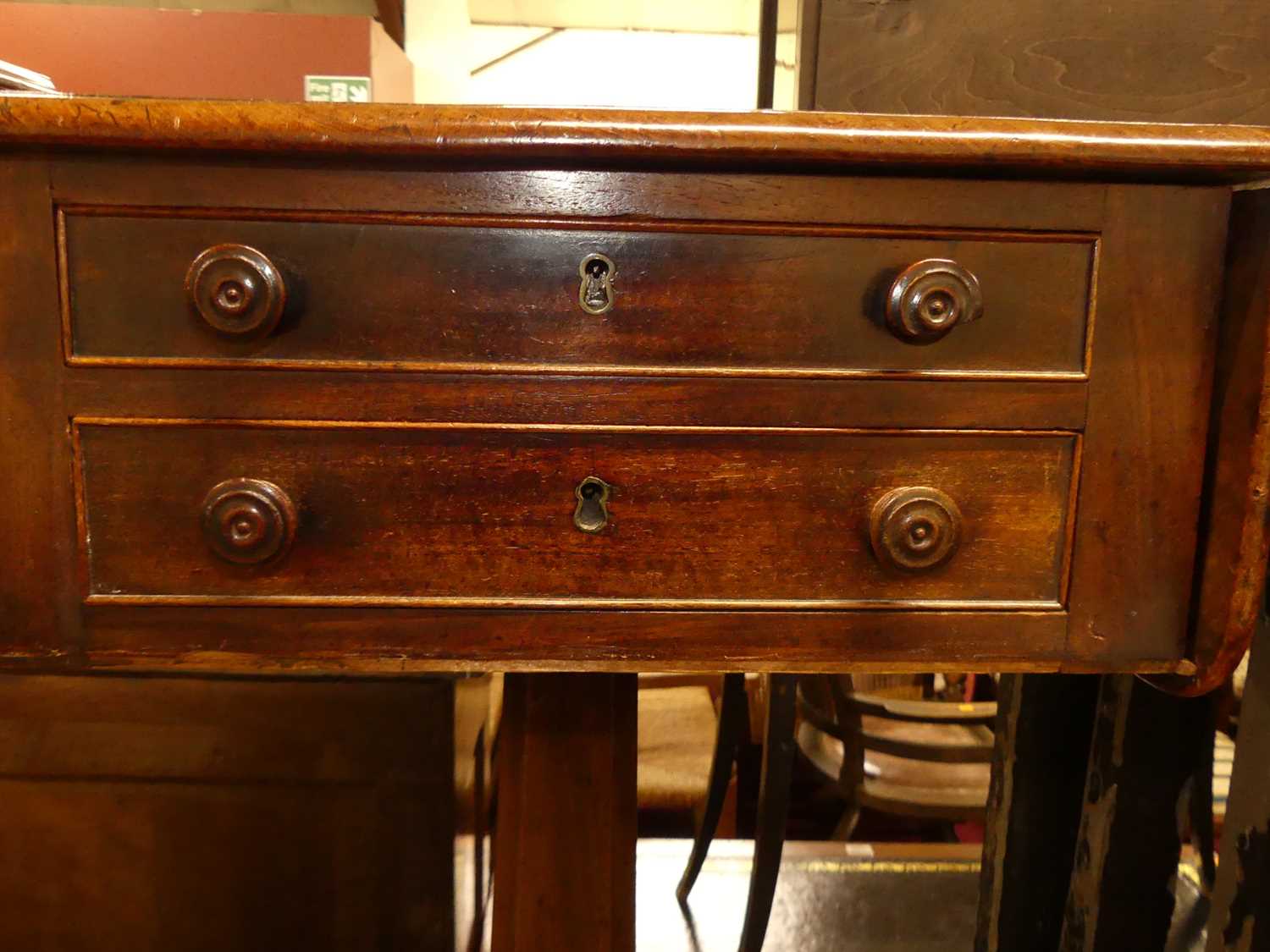 A George IV mahogany dropflap two drawer work table, raised on quatraform base, w.42cm - Image 2 of 5