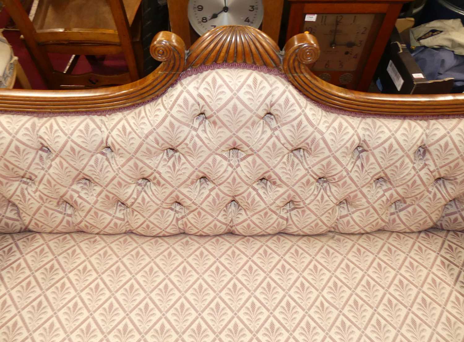 A Regency mahogany scroll-end four-seater sofa, floral button back fabric upholstered, raised on - Bild 3 aus 7