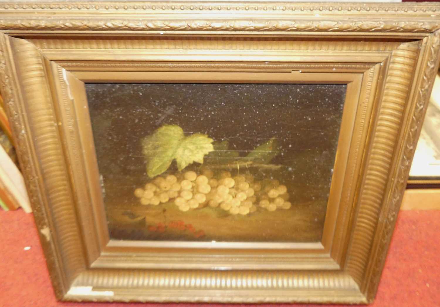 A box of assorted pictures and prints, to include still life with grapes on a mossy bank oil on