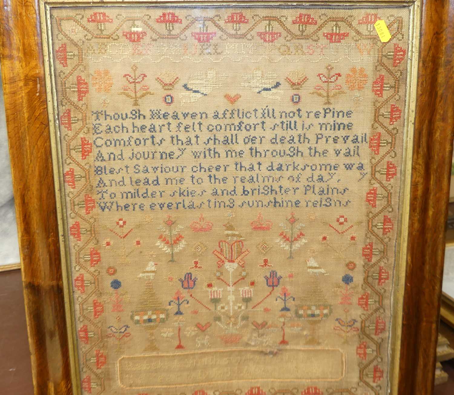 A Victorian needlework verse and picture sampler (a/f) 52x40cm, in glazed rosewood frame - Image 2 of 2