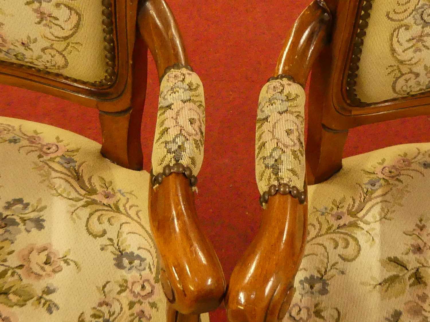 A pair of contemporary French walnut needlework floral and figural upholstered elbow chairs, in - Image 4 of 4