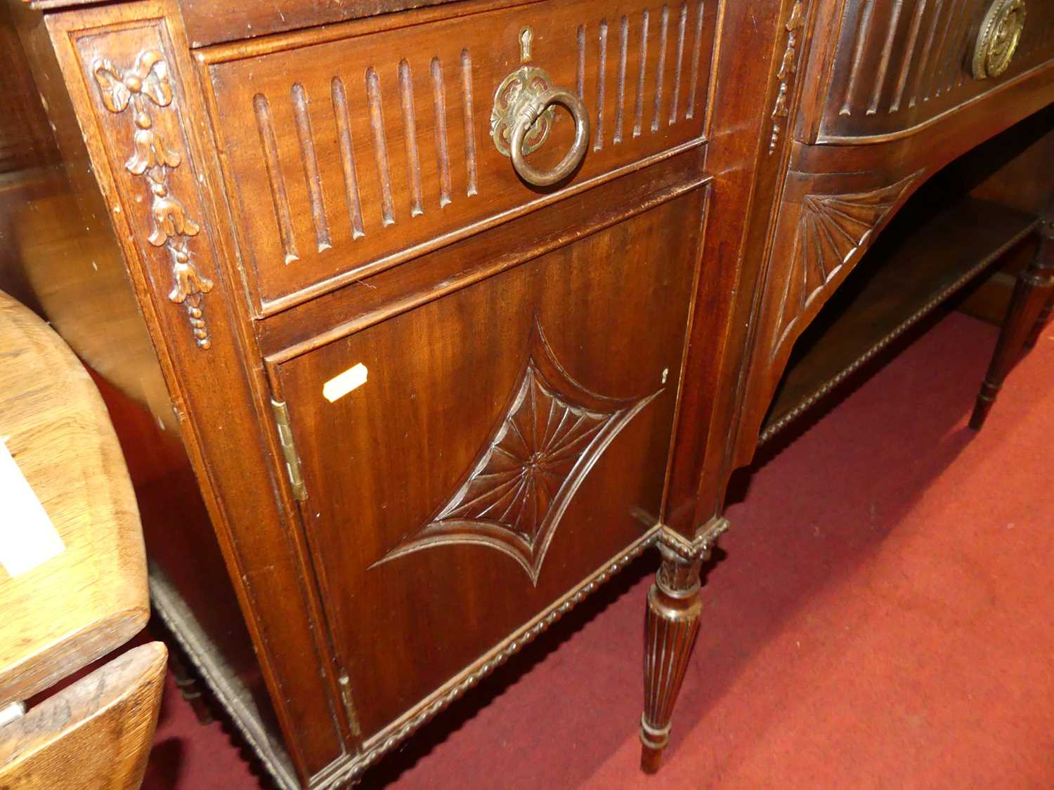 An early 20th century mahogany breakfront sideboard in the Adam taste, having long central frieze - Image 2 of 6