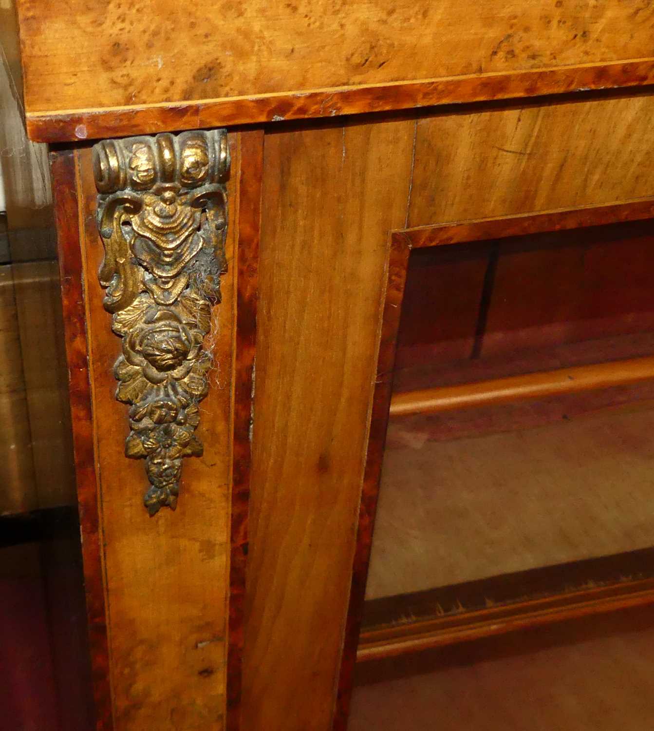 A Victorian figured walnut, gilt metal mounted and floral satinwood inlaid single door glazed pier - Image 2 of 6