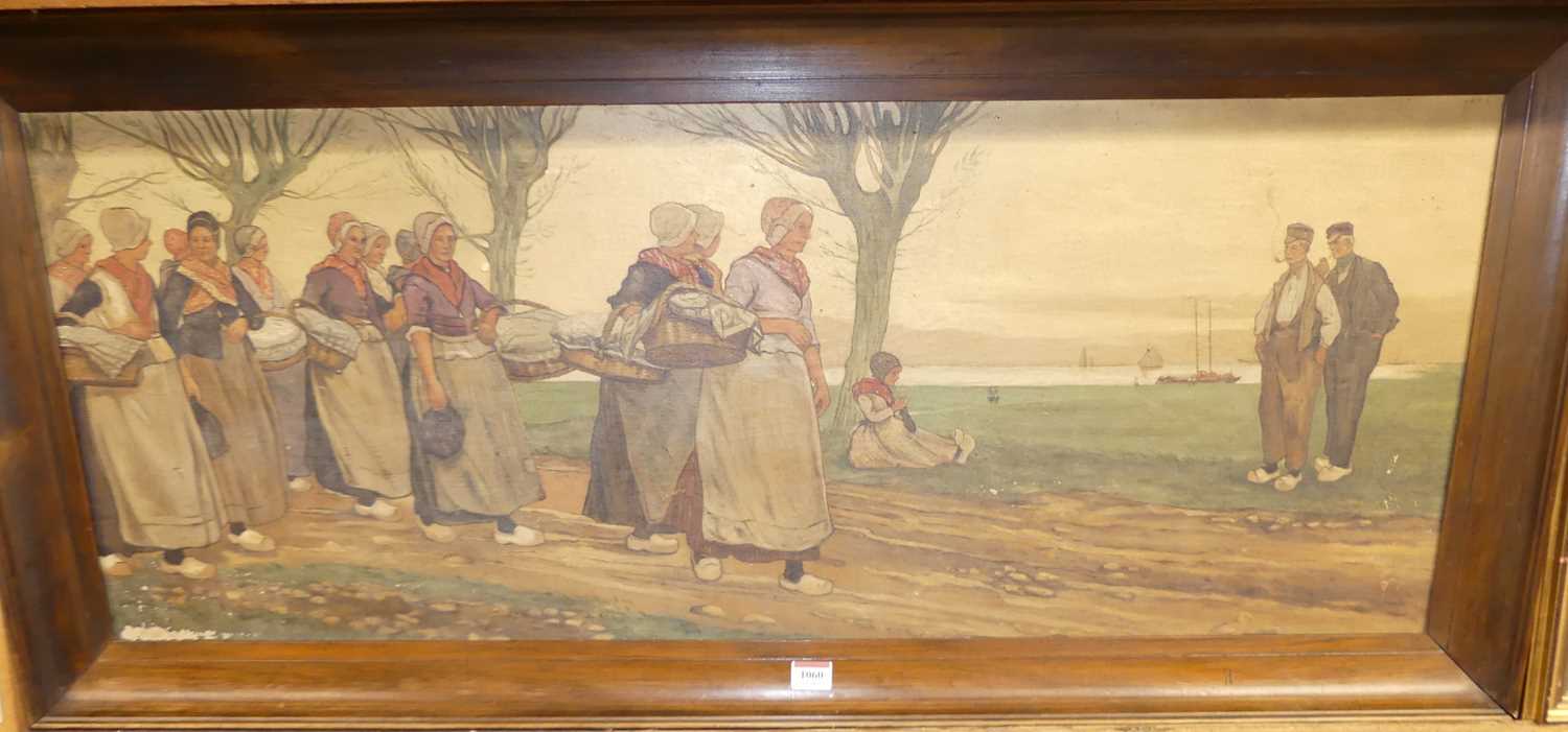After Henry Cassiers - Dutch Farmgirls, oil on canvas board, 40 x 102cm