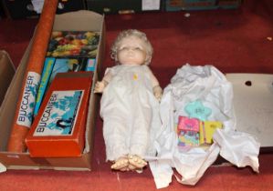 A quantity of mixed toys & board games to include a 1950s doll, quantity of Polly Pocket Miniatures,