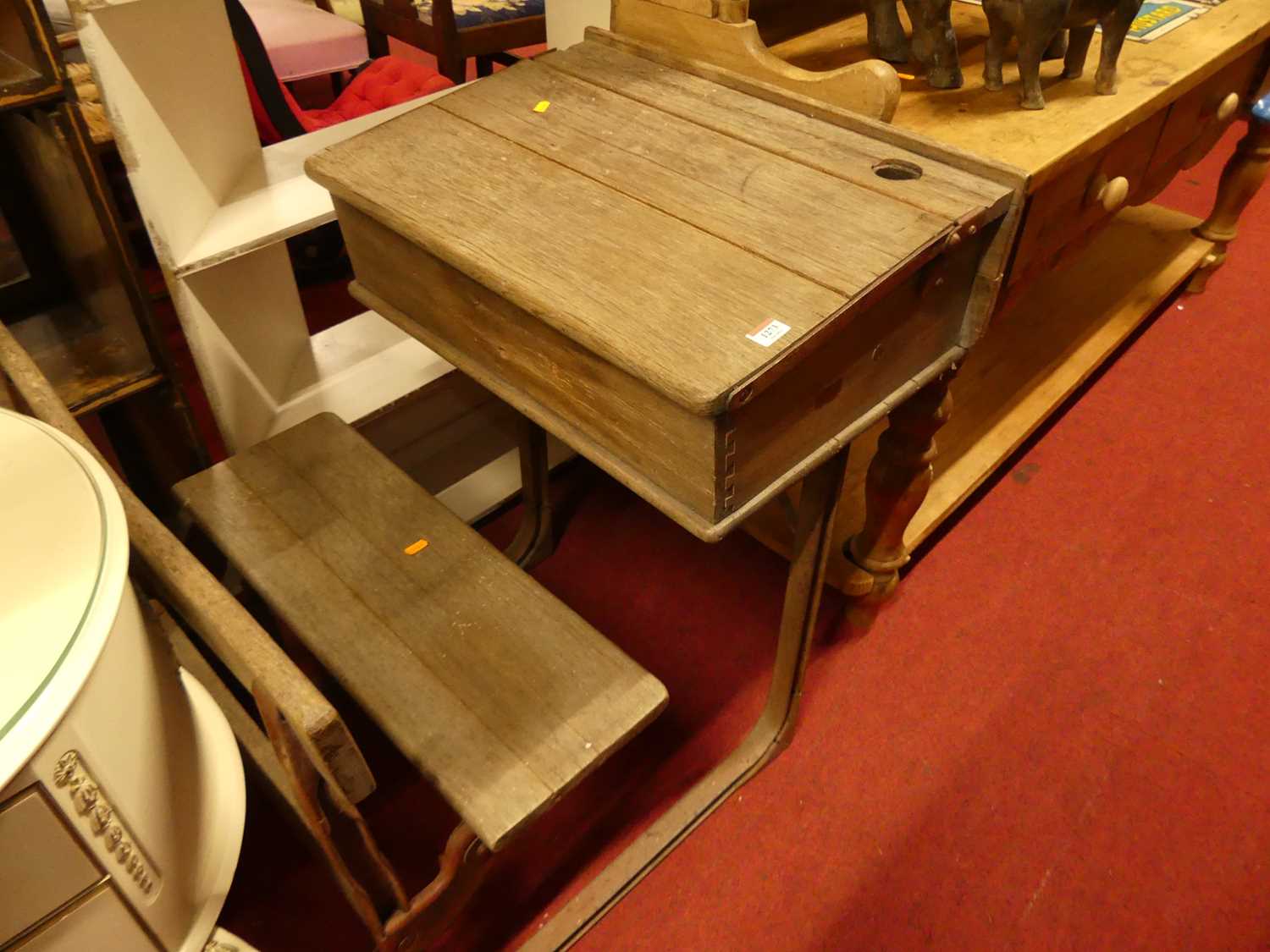 An early 20th century limed oak child's combination school table / seat, metal framed, with sloped - Bild 2 aus 3