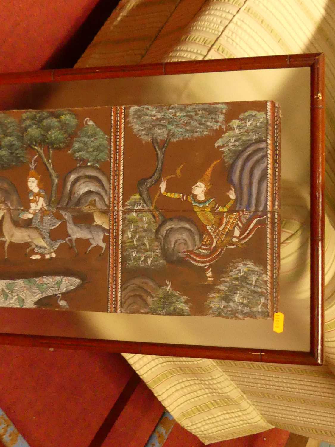 A Japanese painted scroll depicting Samurai warriors, within a glazed box frame; together with two - Image 3 of 9