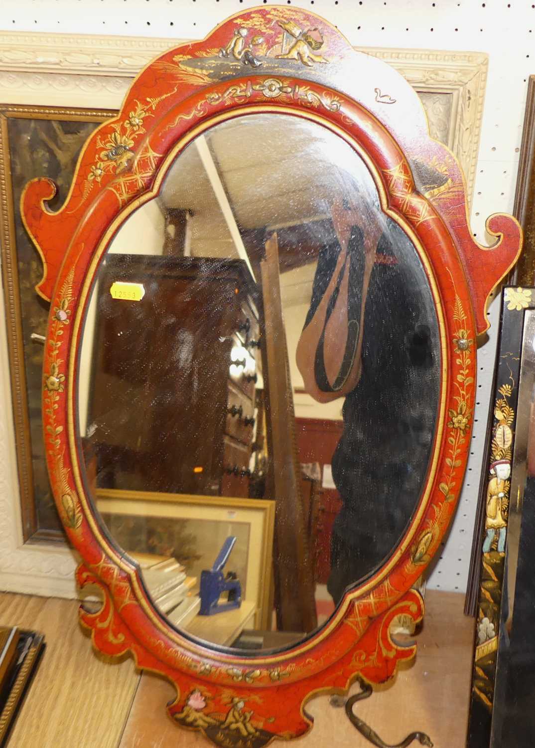 A chinoiserie black lacquered and bevelled easel mirror, 46 x 31cm; together with a Japan red - Image 3 of 3