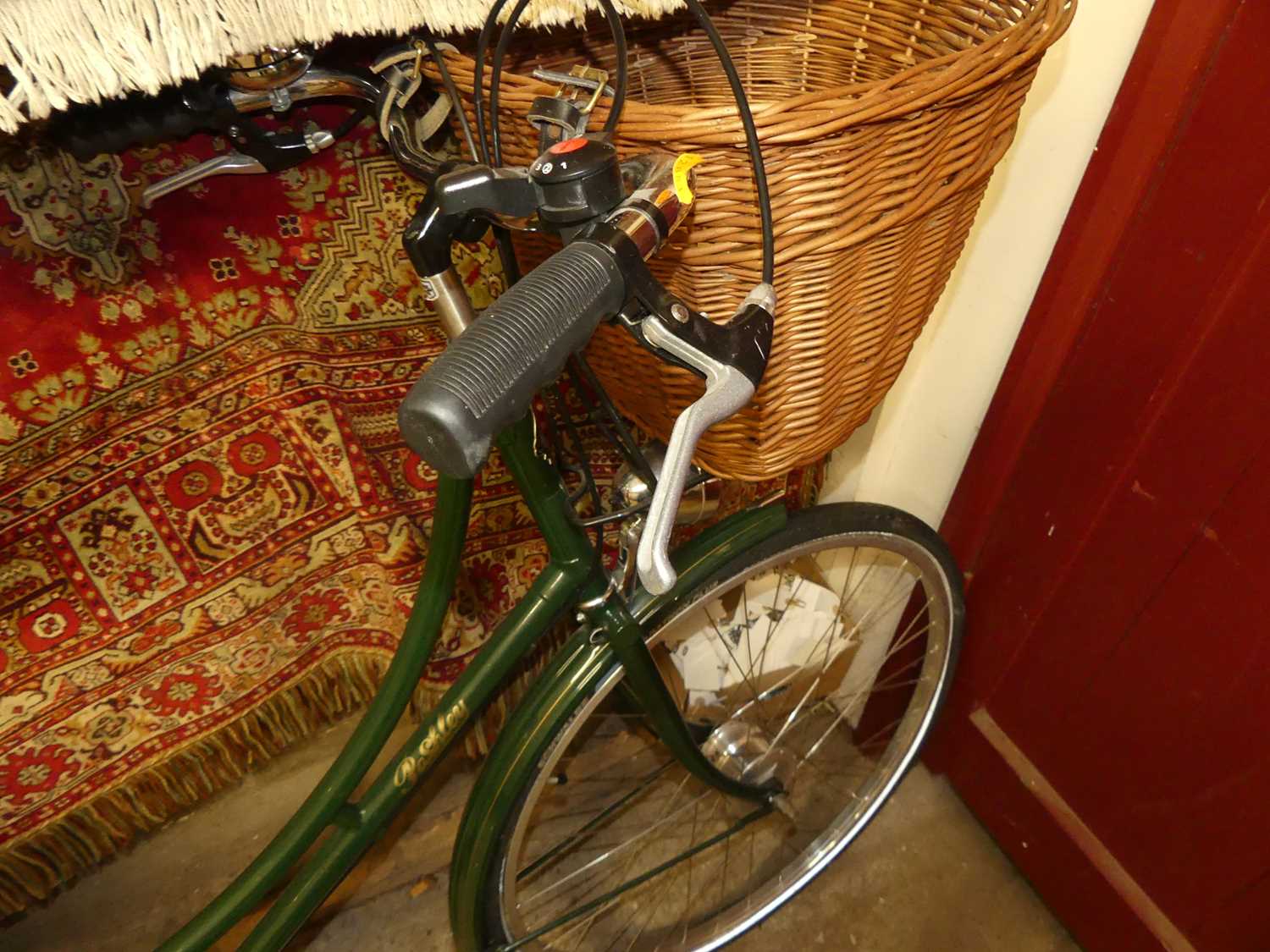 A Pashley green painted lady's bicycle, with Brooks tan leather studded seat, and wicker front - Image 2 of 4