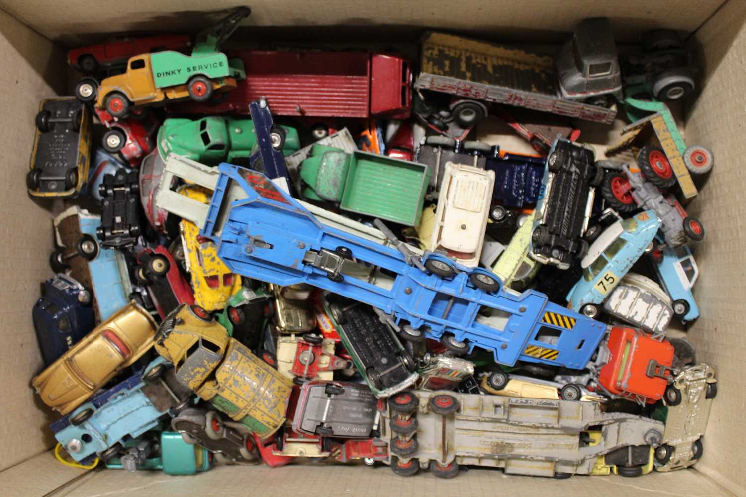 One tray containing a quantity of mixed playworn Corgi toy and vintage Dinky toy and Spot-On diecast