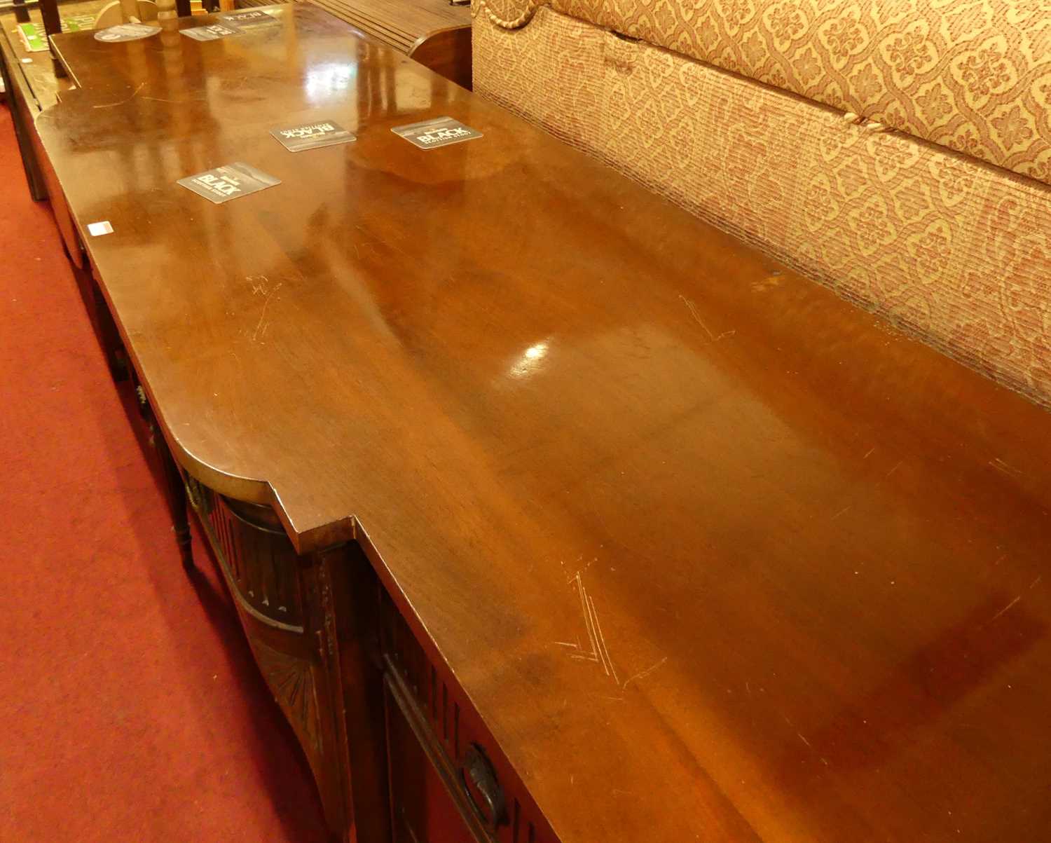 An early 20th century mahogany breakfront sideboard in the Adam taste, having long central frieze - Image 6 of 6