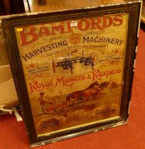A reproduction colour advertising print for Bamford's, housed in an earlier stained frame, overall