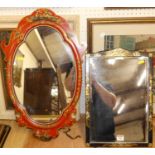 A chinoiserie black lacquered and bevelled easel mirror, 46 x 31cm; together with a Japan red
