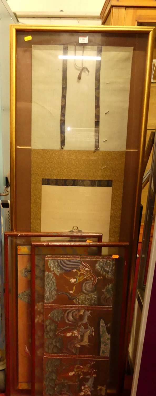 A Japanese painted scroll depicting Samurai warriors, within a glazed box frame; together with two