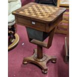 A William IV rosewood and inlaid chessboard topped work table, having single frieze door over basket