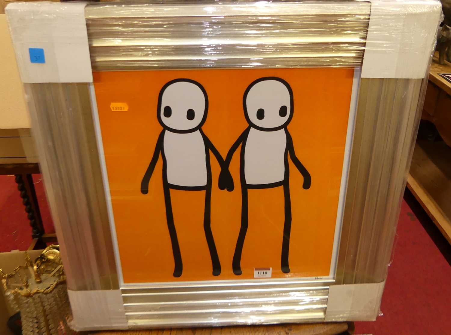 After Stik - Holding hands in orange, reproduction print, 38 x 37cm