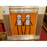 After Stik - Holding hands in orange, reproduction print, 38 x 37cm