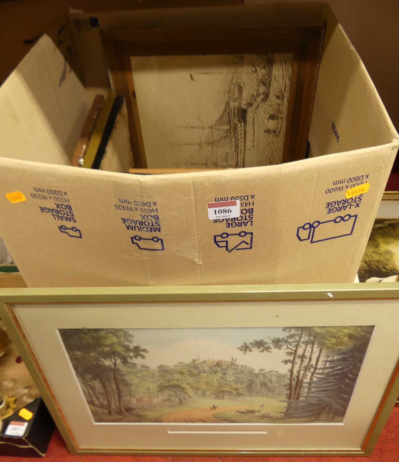 A box of assorted pictures and prints, to include topographical engravings