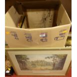 A box of assorted pictures and prints, to include topographical engravings