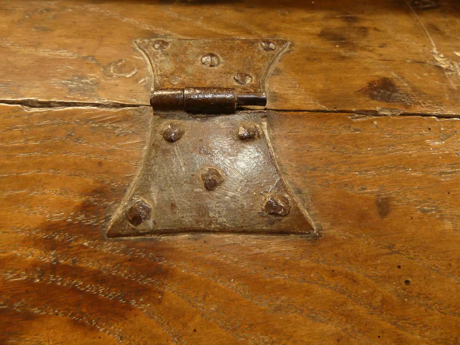 An 18th century oak slopefront hinged Bible box, having relief carved front panel, exposed iron - Image 4 of 5