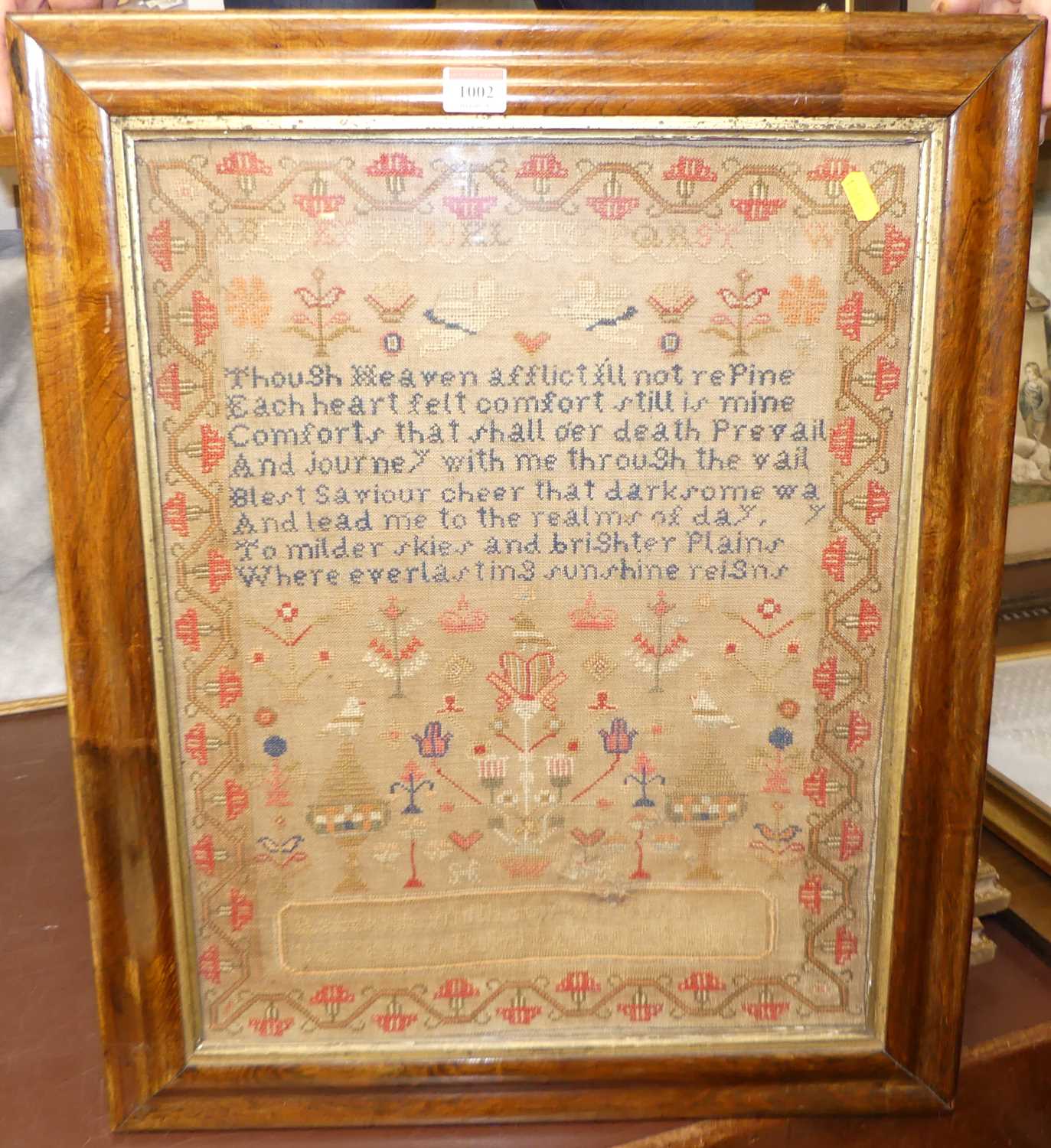 A Victorian needlework verse and picture sampler (a/f) 52x40cm, in glazed rosewood frame