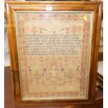 A Victorian needlework verse and picture sampler (a/f) 52x40cm, in glazed rosewood frame