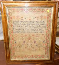 A Victorian needlework verse and picture sampler (a/f) 52x40cm, in glazed rosewood frame