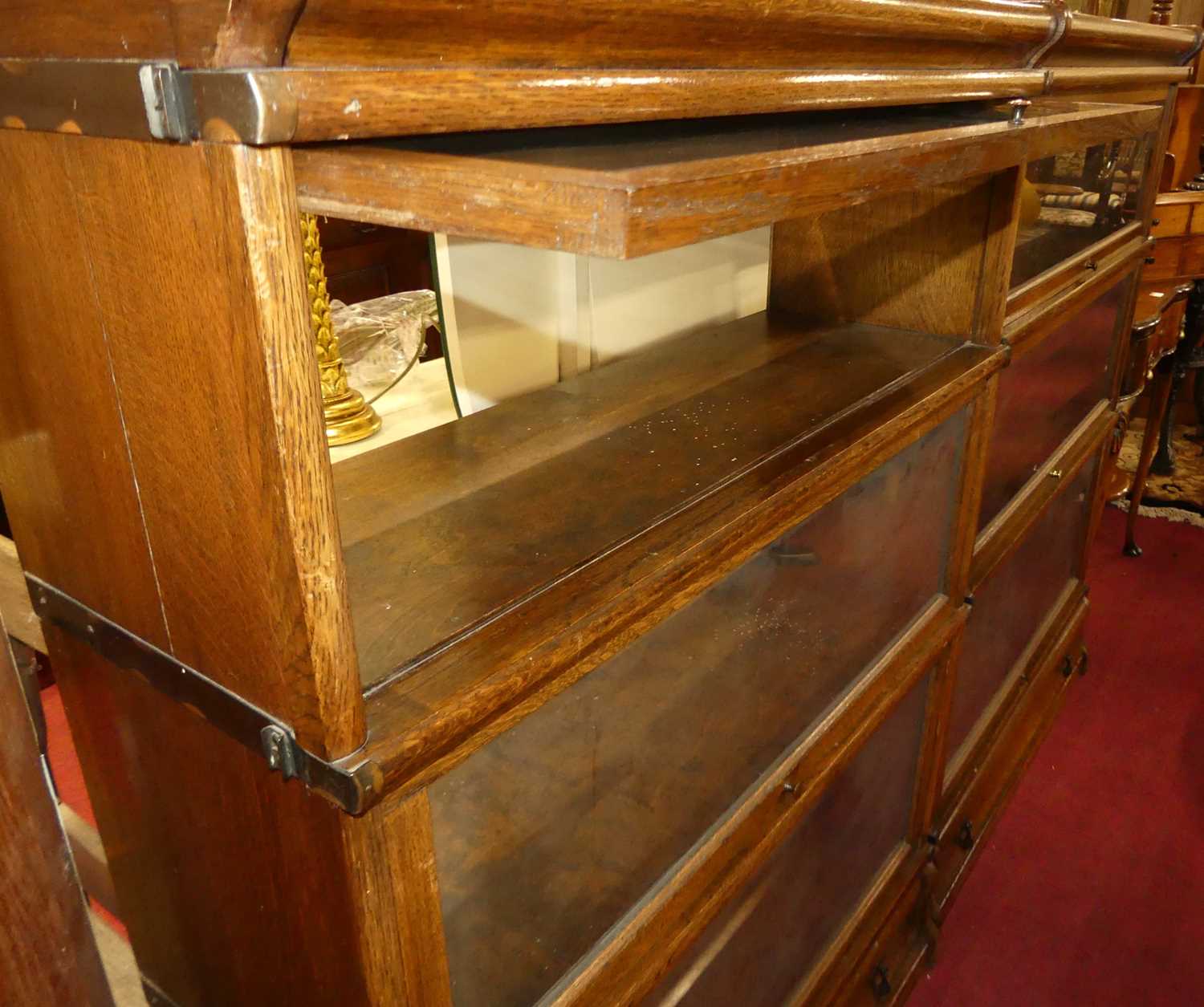 A pair of 1930s oak Globe Wernicke three-tier stacking bookcases, each with single long lower drawer - Image 3 of 6