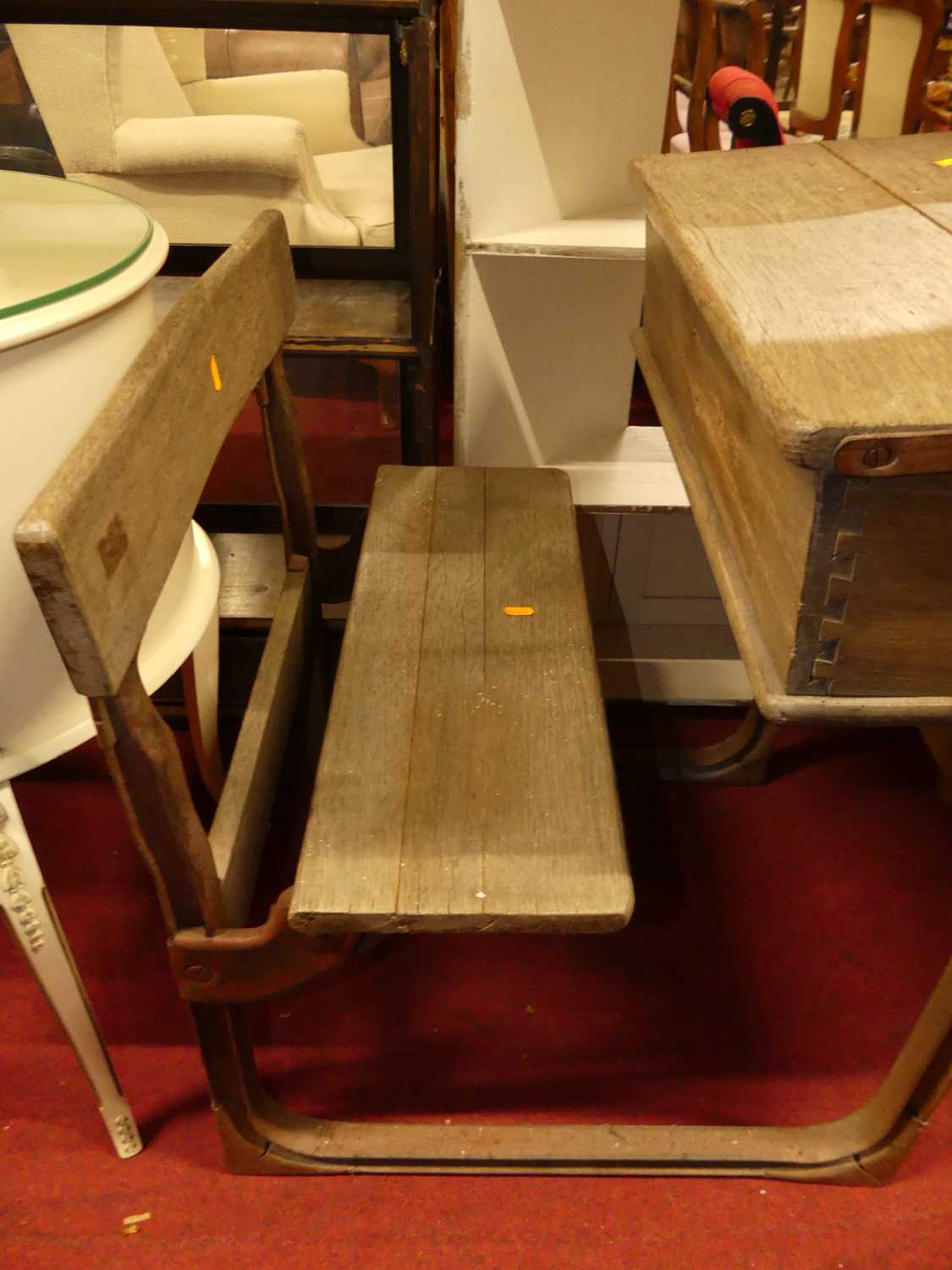 An early 20th century limed oak child's combination school table / seat, metal framed, with sloped - Image 3 of 3