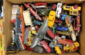A box containing a quantity of playworn diecast vehicles to include Corgi Toys, Husky, Dinky etc