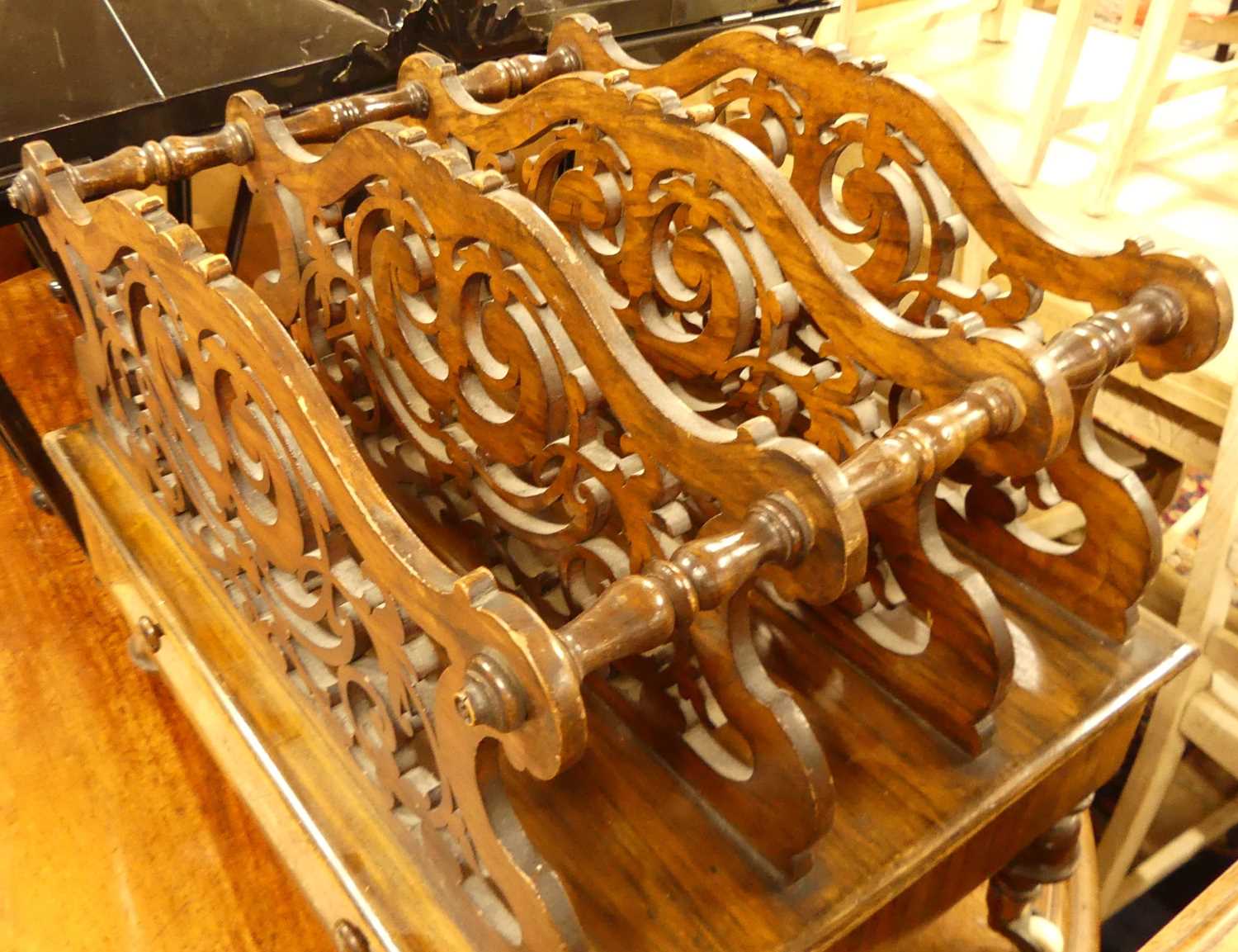 A mid-Victorian figured walnut three-division Canterbury, having single lower drawer on turned - Image 8 of 8