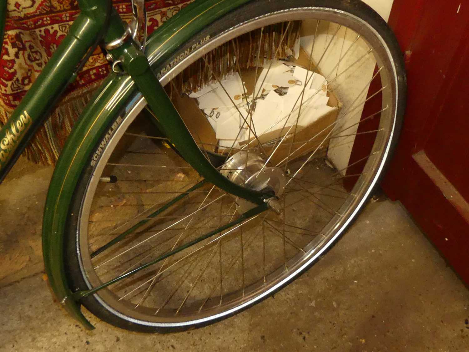 A Pashley green painted lady's bicycle, with Brooks tan leather studded seat, and wicker front - Image 3 of 4