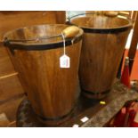 A pair of contemporary stained hardwood and metal bound champagne buckets, each with swing handles