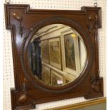 An oak framed and bevelled hall mirror, w.61cm