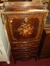 A circa 1900 French walnut, rosewood, floral satinwood inlaid and further gilt metal mounted