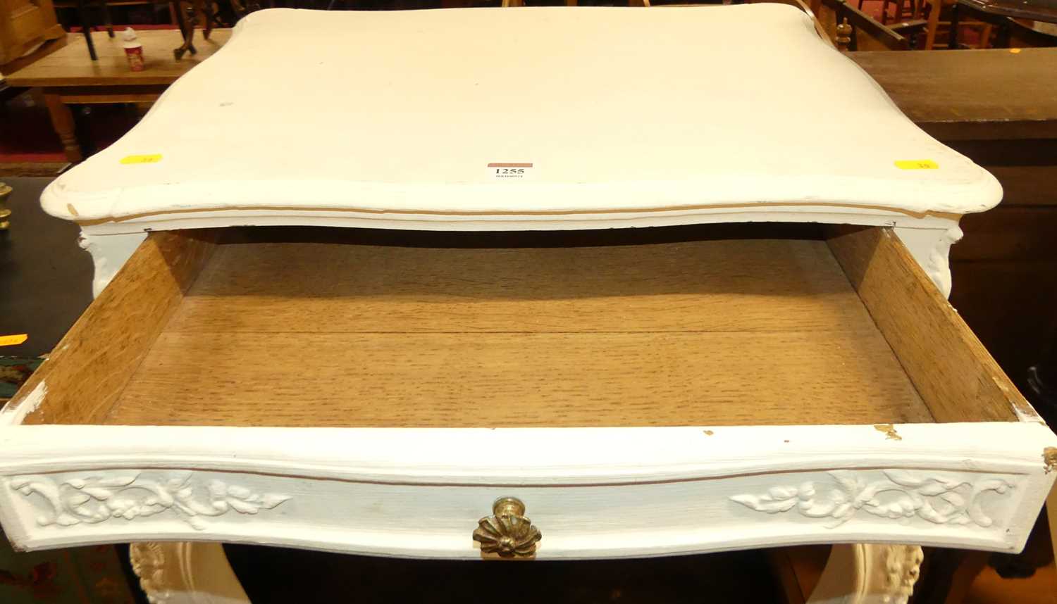 A French later white painted serpentine two drawer side table, raised on pronounced cabriole - Image 3 of 4